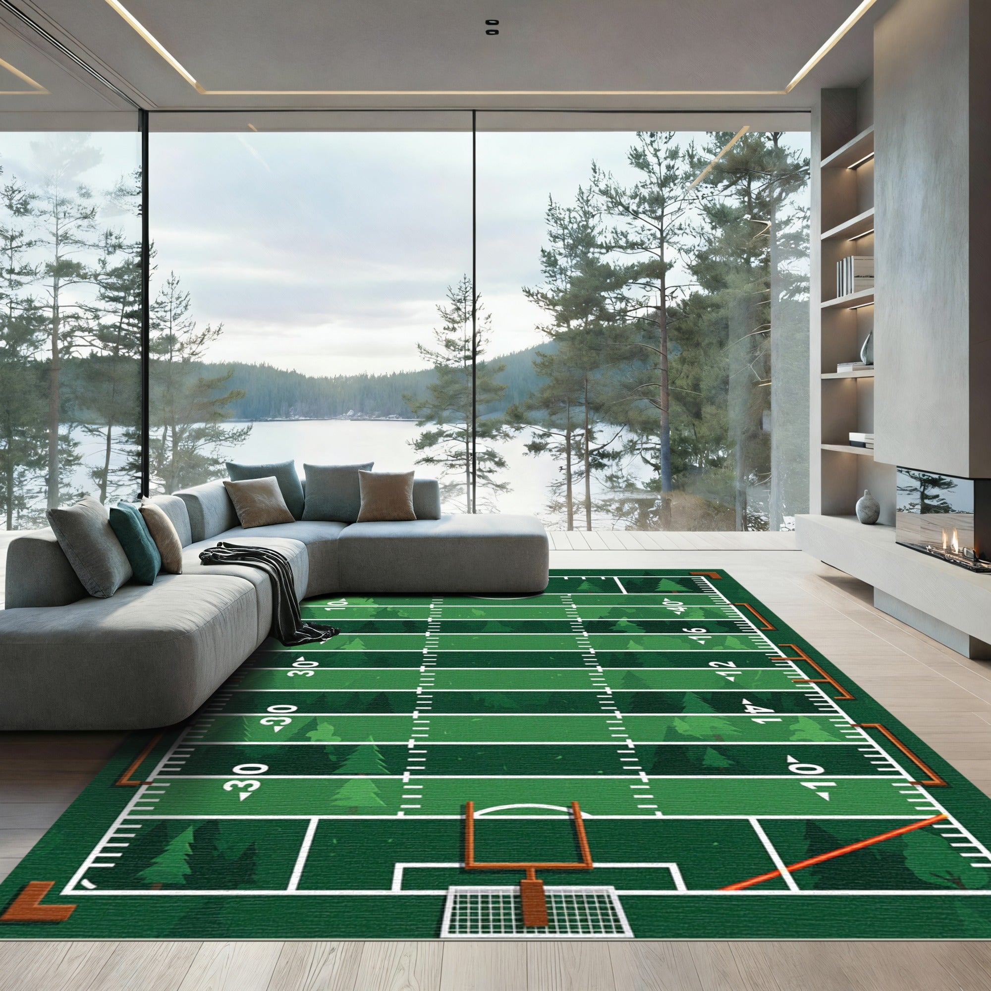 Forest Football Field Line Grid Rug
