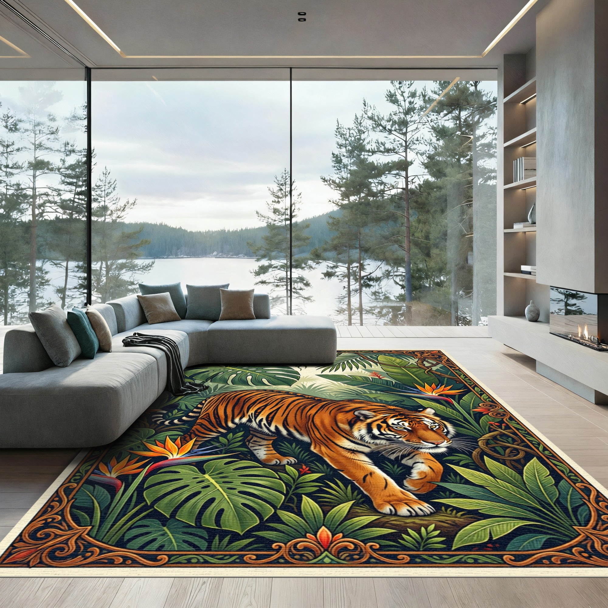 Lush Tropical Tiger Jungle Foliage Rug