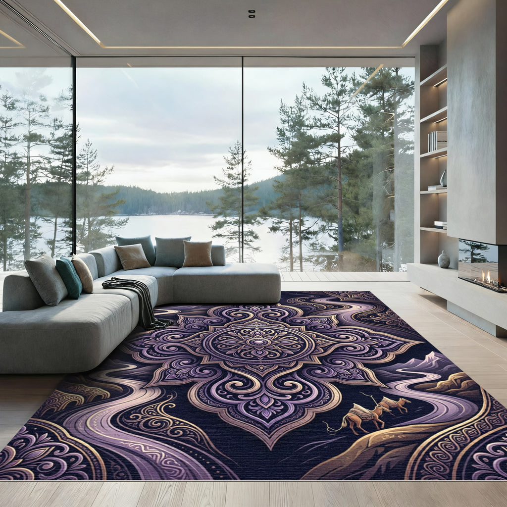 Ornate Violet Mandala Desert Mountain Dream Rug