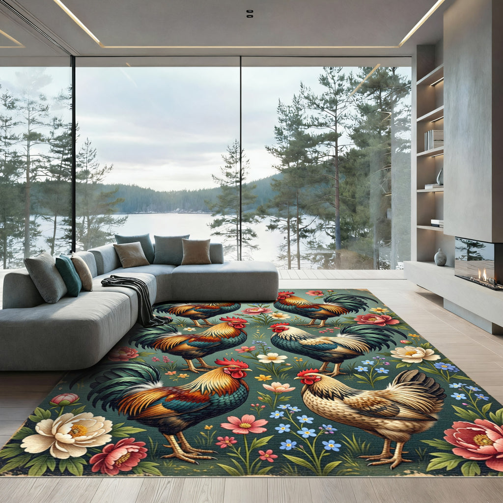 Vintage Rooster and Floral Foliage Illustration Rug