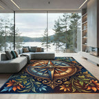 Ornate Blue Compass Floral Border Rug