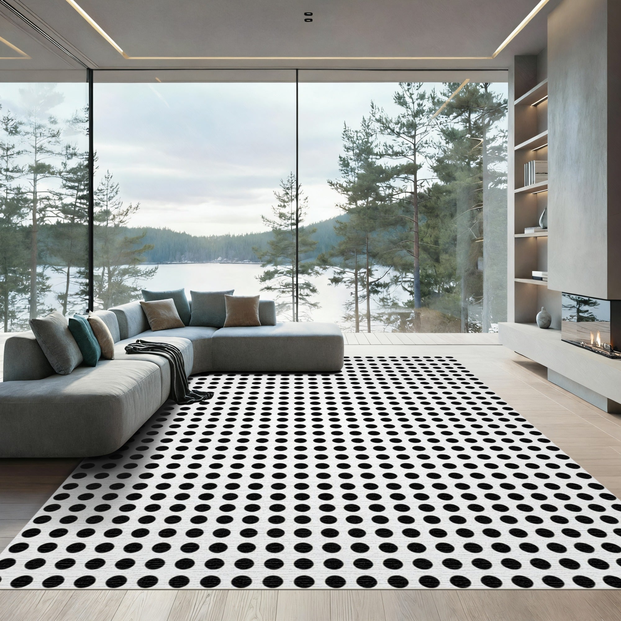 Black White Dotted Grid Composition Rug