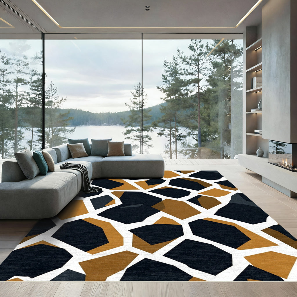 Abstract Geometric Ochre Black Mosaic Rug