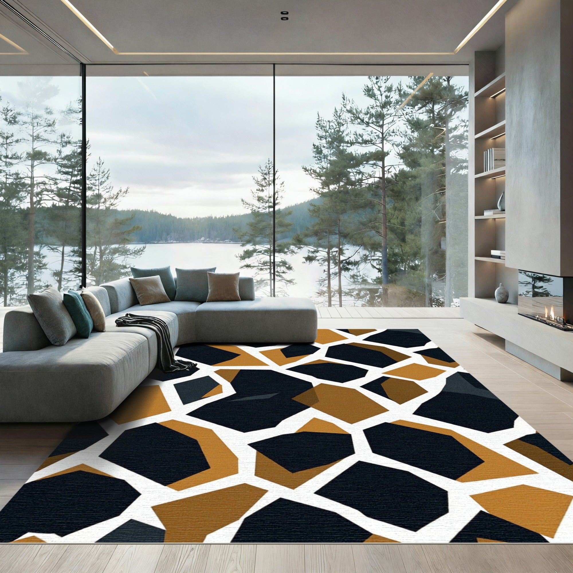 Abstract Geometric Ochre Black Mosaic Rug