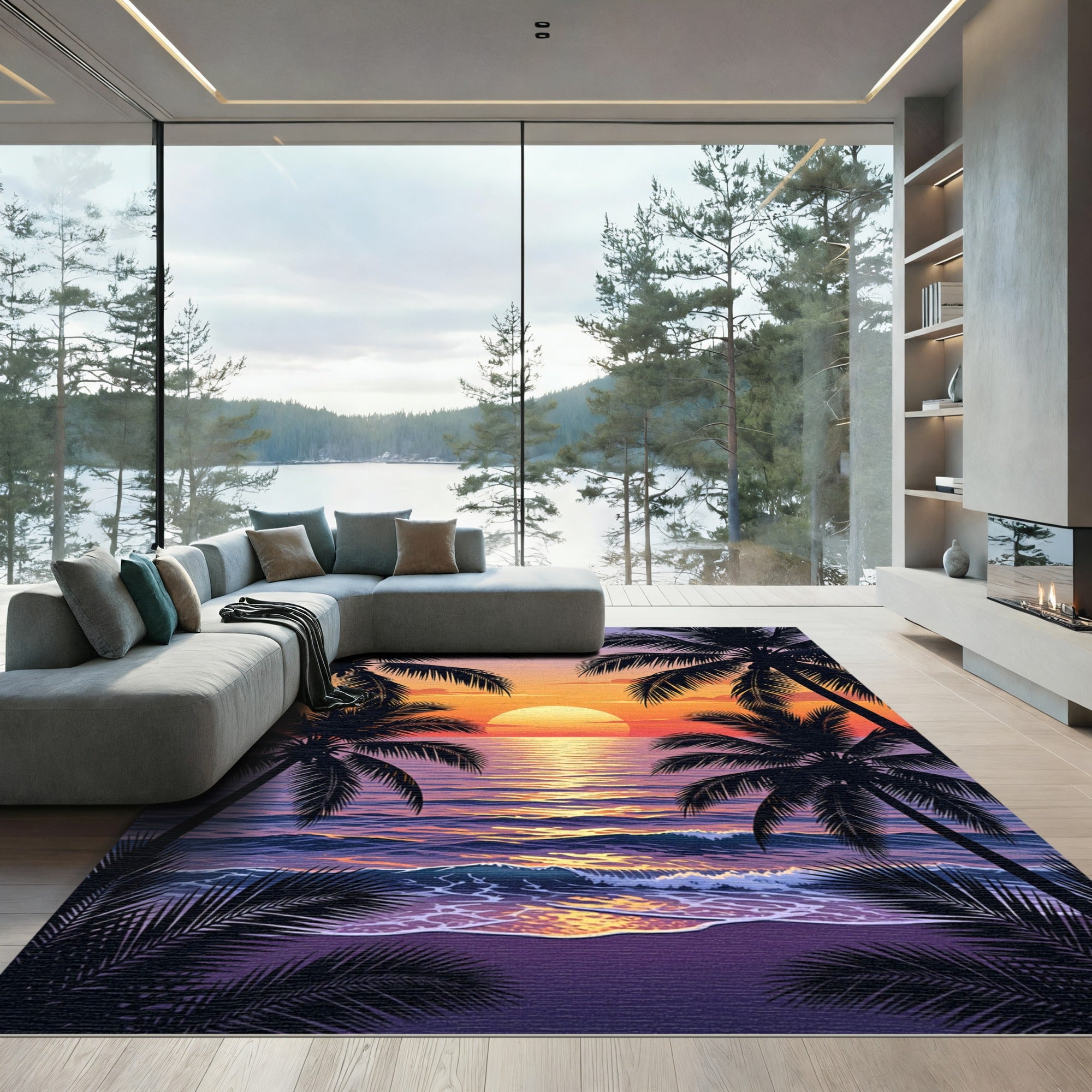Tropical Sunset Palms Ocean Horizon Rug