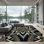 Black and Gold Ikat Sunburst Medallion Rug