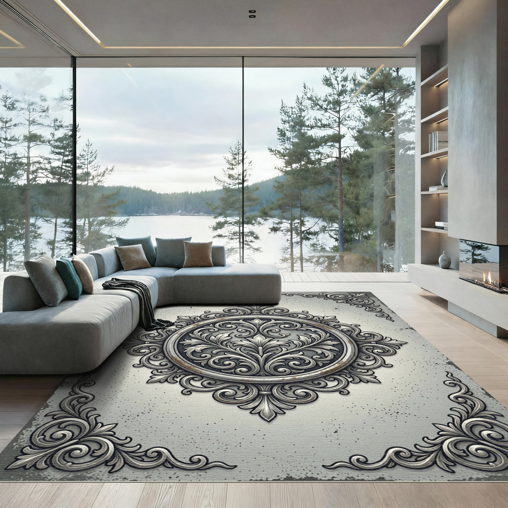 Elegant Silver Ornate Filigree Medallion Rug