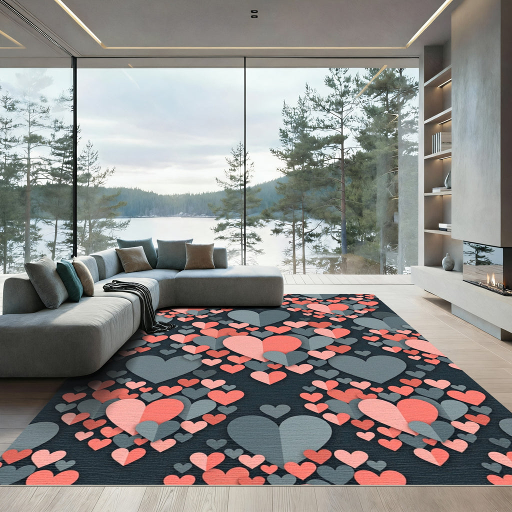 Coral and Slate Layered Heart Mosaic Rug