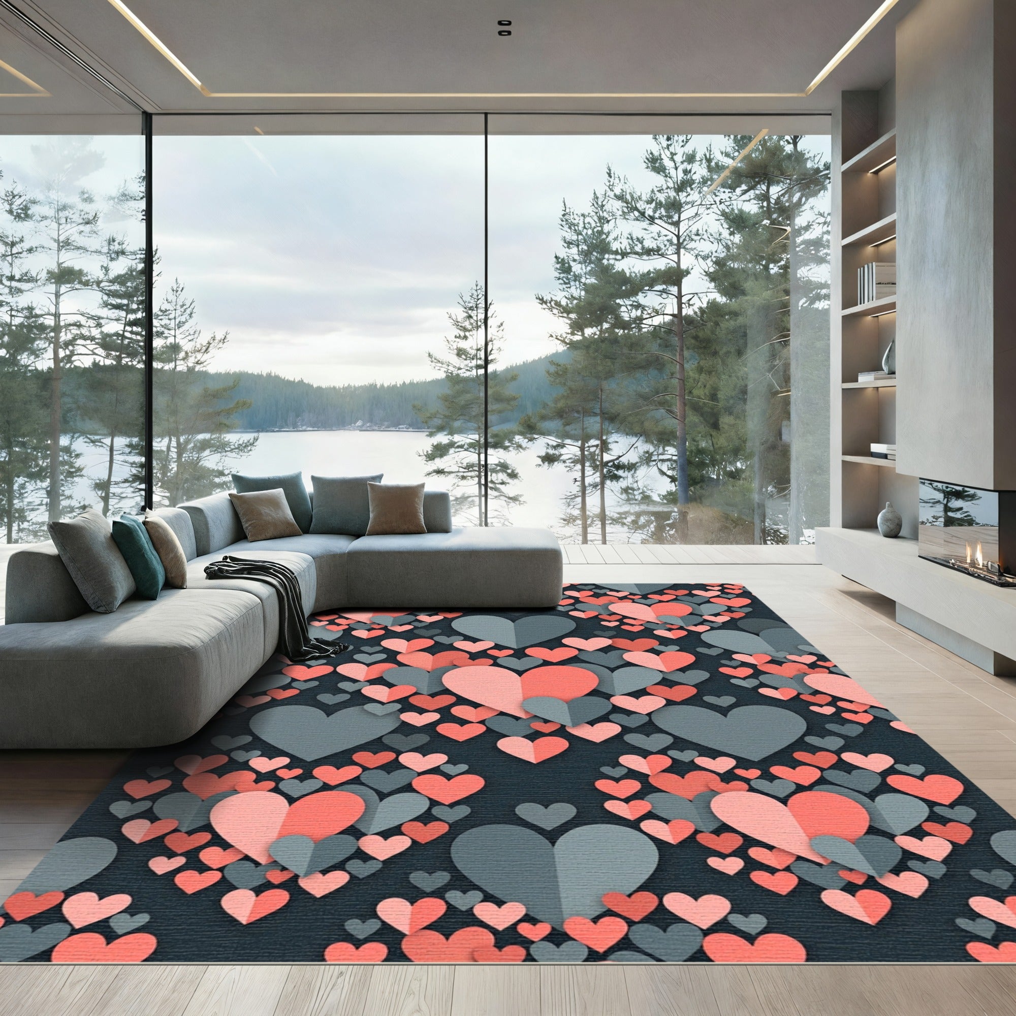 Coral and Slate Layered Heart Mosaic Rug