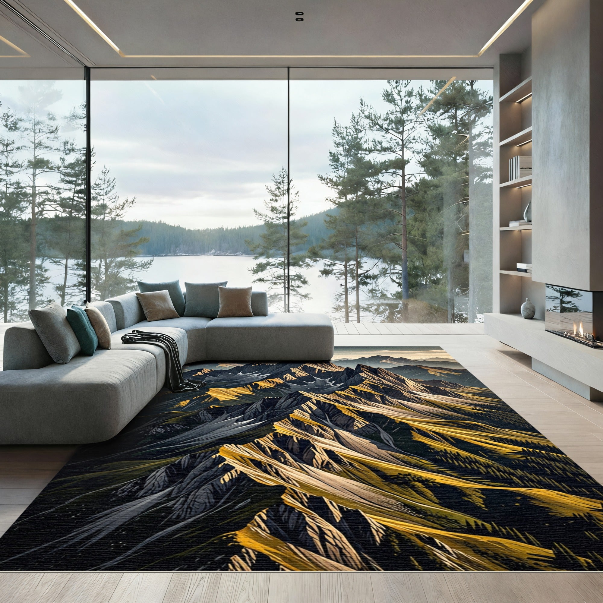 Golden Mountain Peaks Landscape Rug