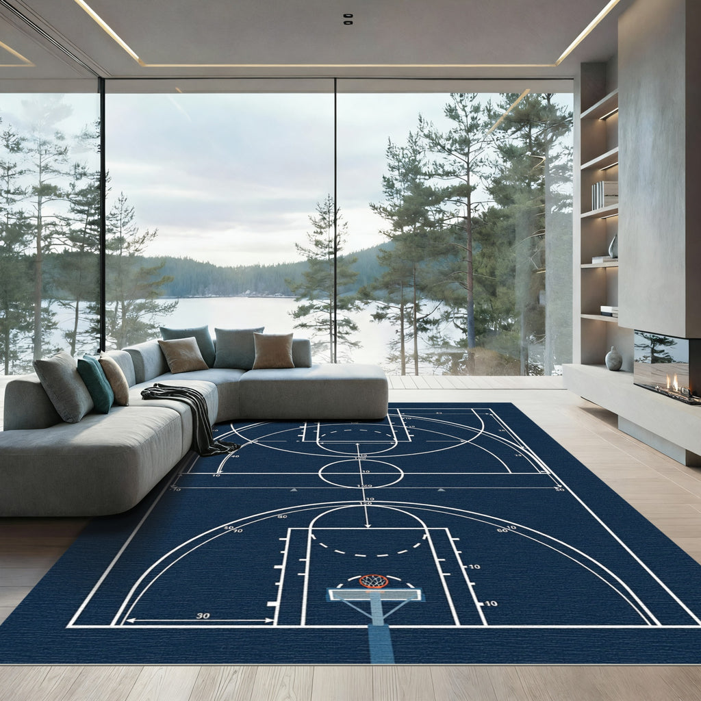 Minimalist Navy Basketball Court Diagram Rug