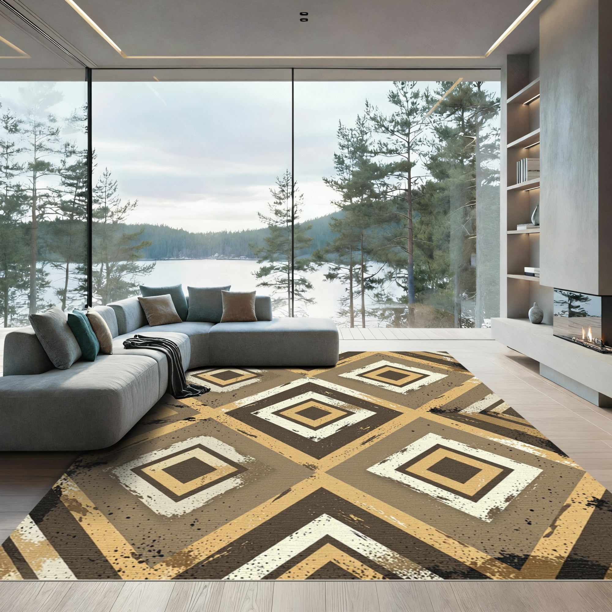 Distressed Earthy Brown Geometric Diamond Rug