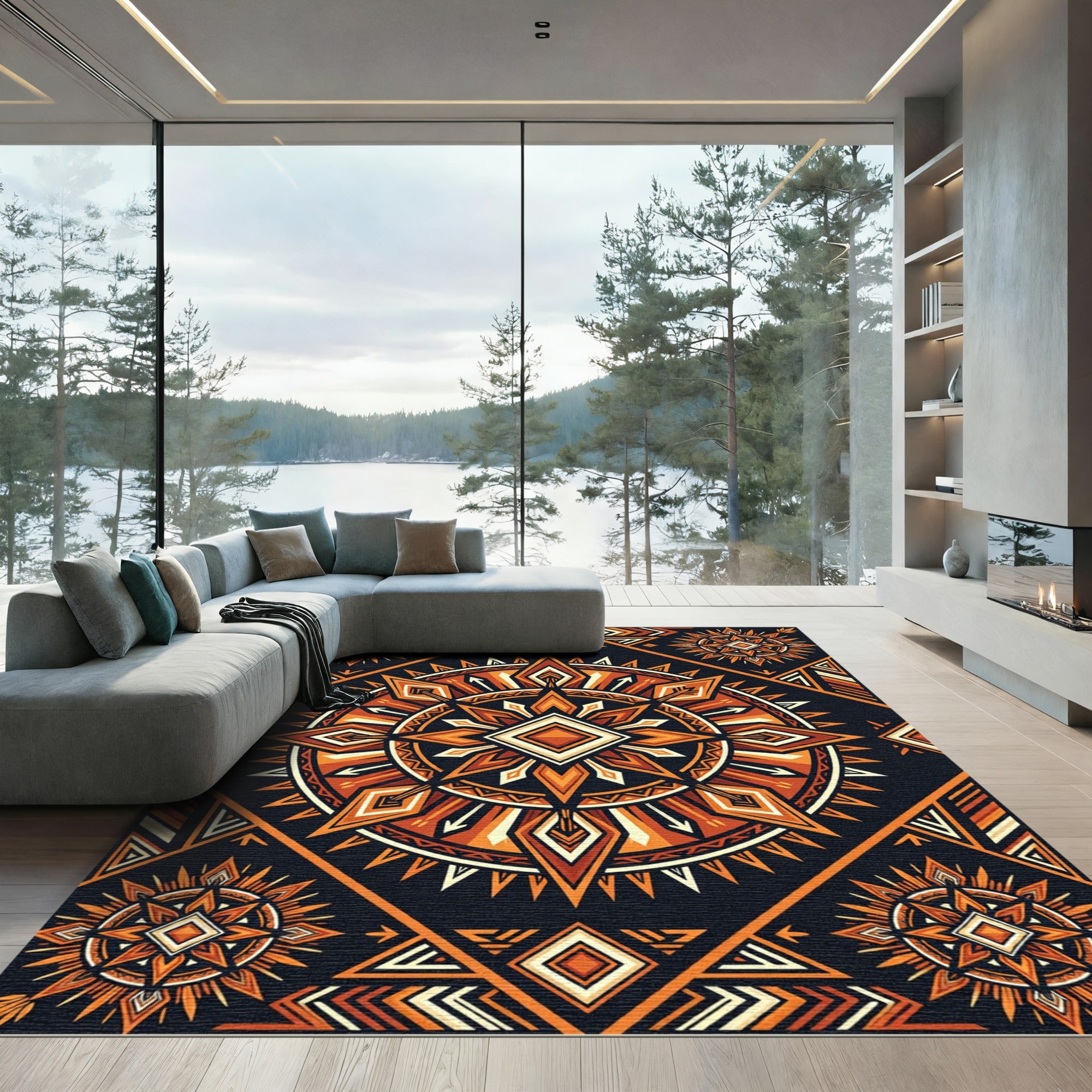 Tribal Burnt Orange Geometric Sun Medallion Rug