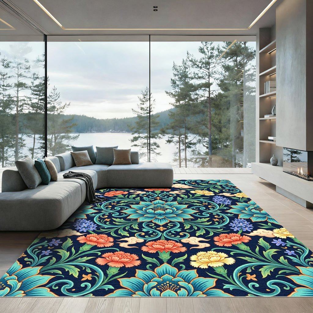 Ornate Teal Floral Blossom Cloud Tapestry Rug