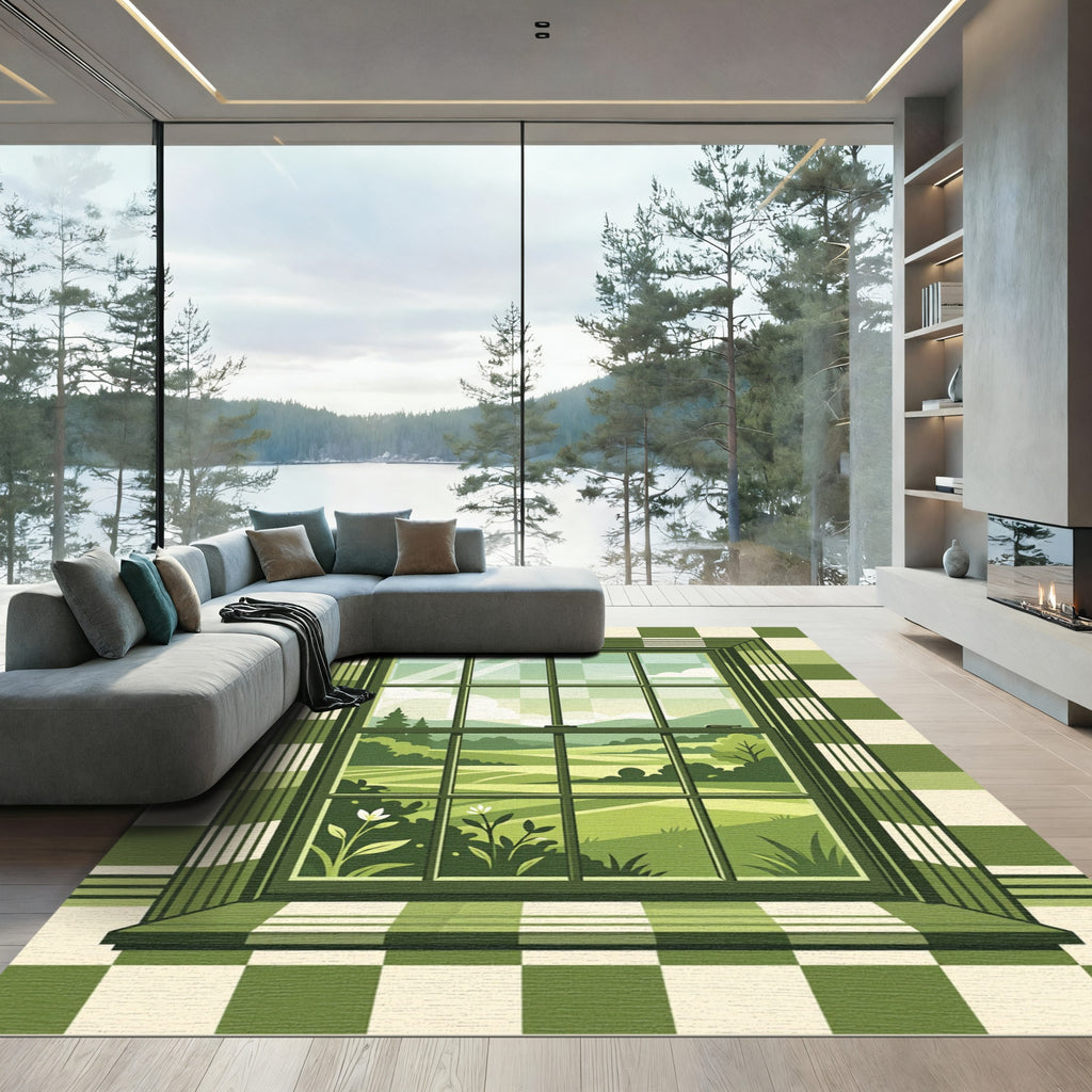 Sage Green Checkered Window Scenic Landscape Rug