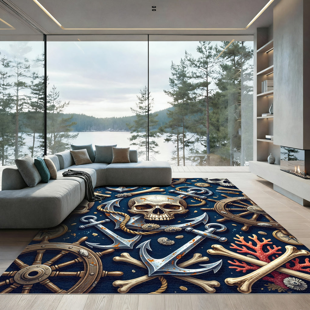 Dark Nautical Skull Anchor Ship Wheel Rug