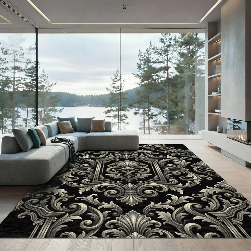Ornate Black Silver Acanthus Scroll Rug