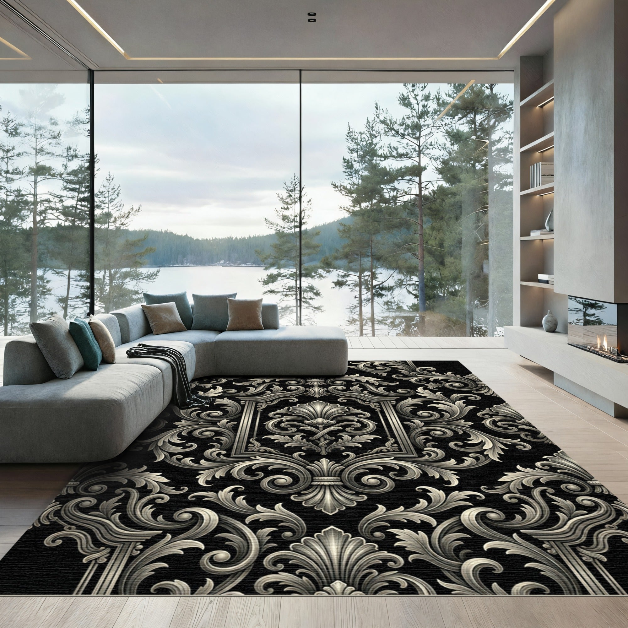 Ornate Black Silver Acanthus Scroll Rug