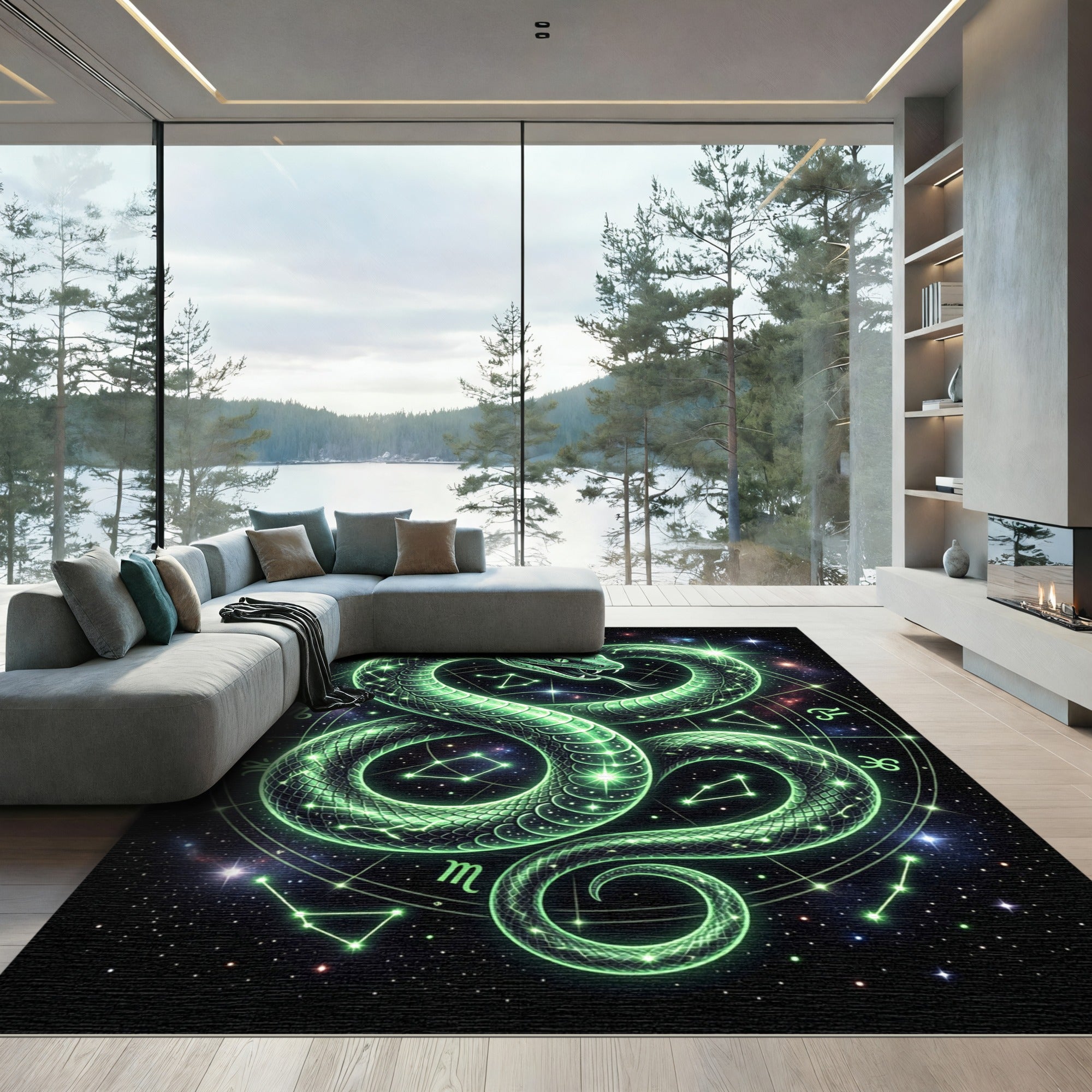 Glowing Green Celestial Serpent Constellation Art Rug