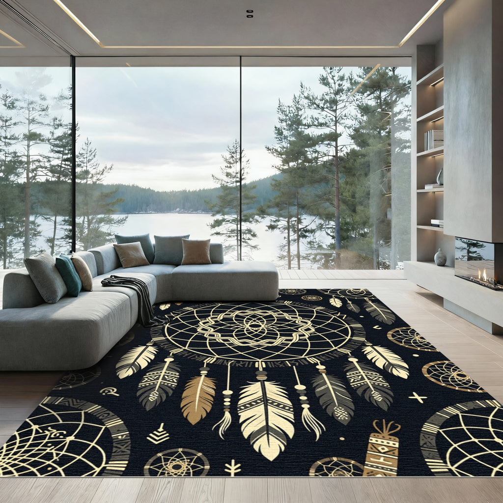 Golden Dreamcatcher Boho Celestial Rug