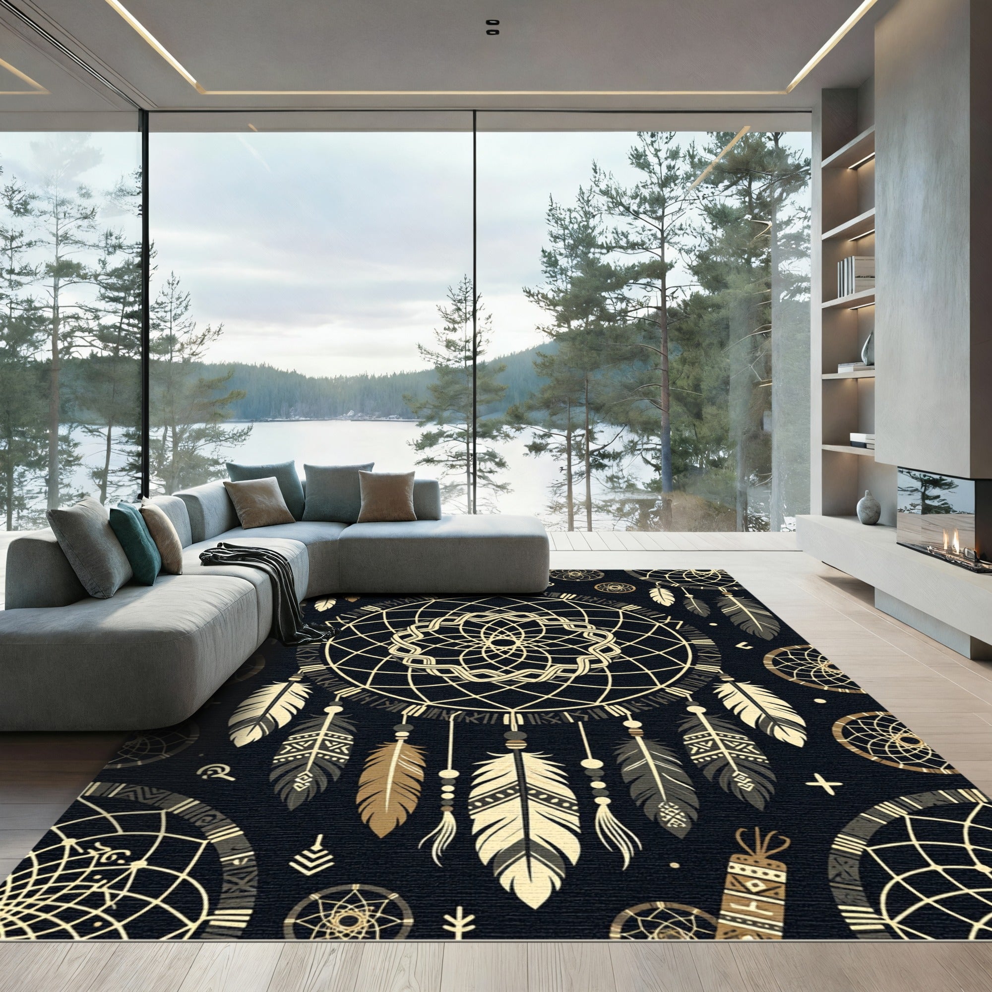 Golden Dreamcatcher Boho Celestial Rug
