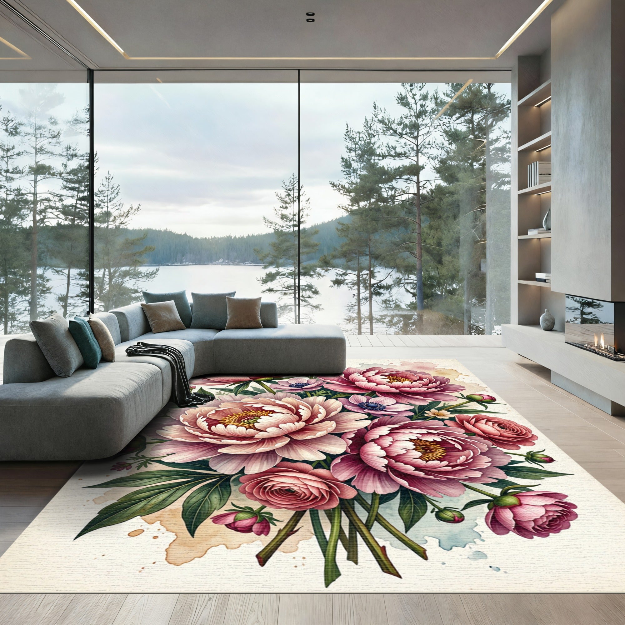 Blushing Pink Peony Floral Bouquet Rug