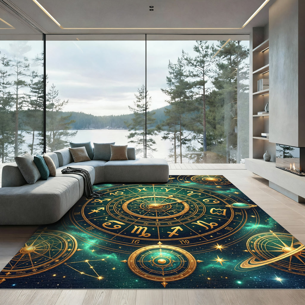 Golden Celestial Zodiac Constellation Sphere Rug