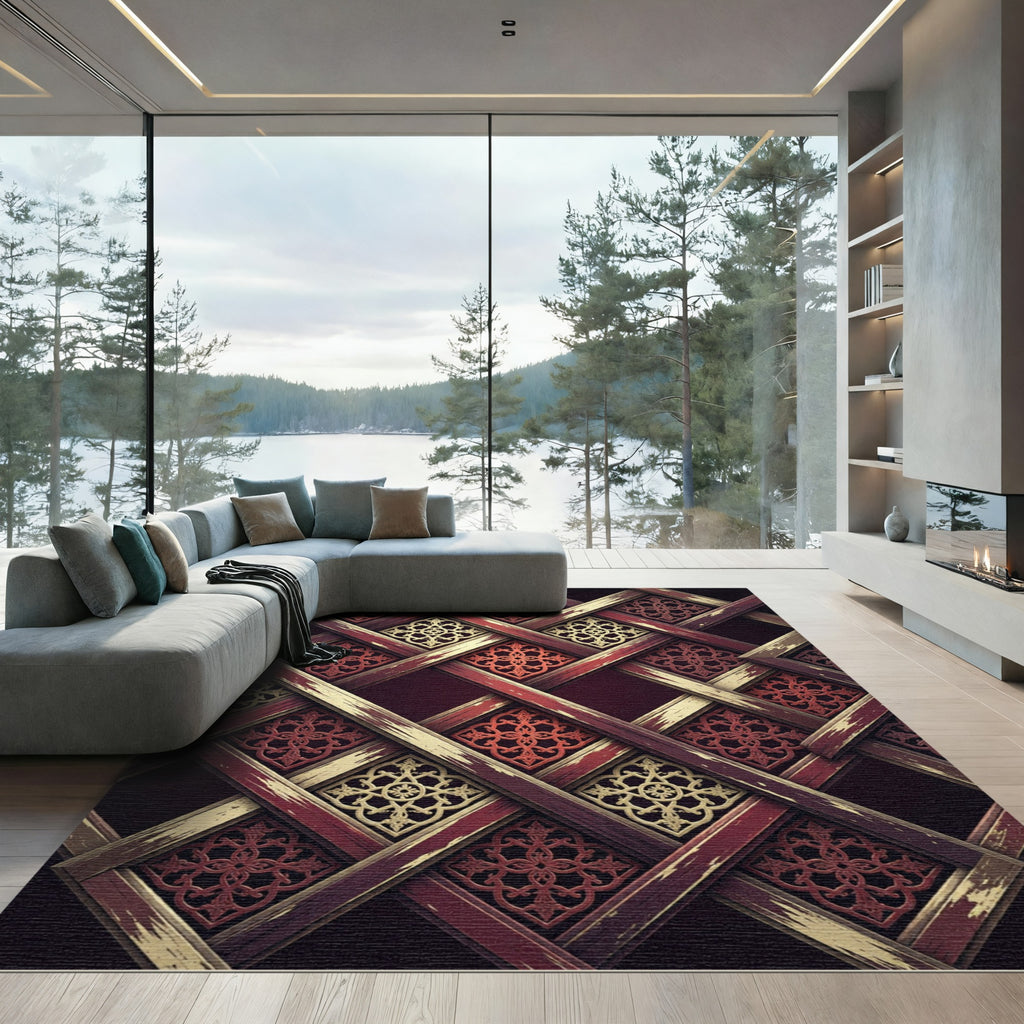 Lattice Crimson Gold Renaissance Damask Rug