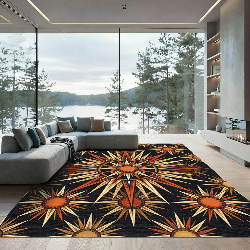 Celestial Radiant Sunburst Orange Black Rug
