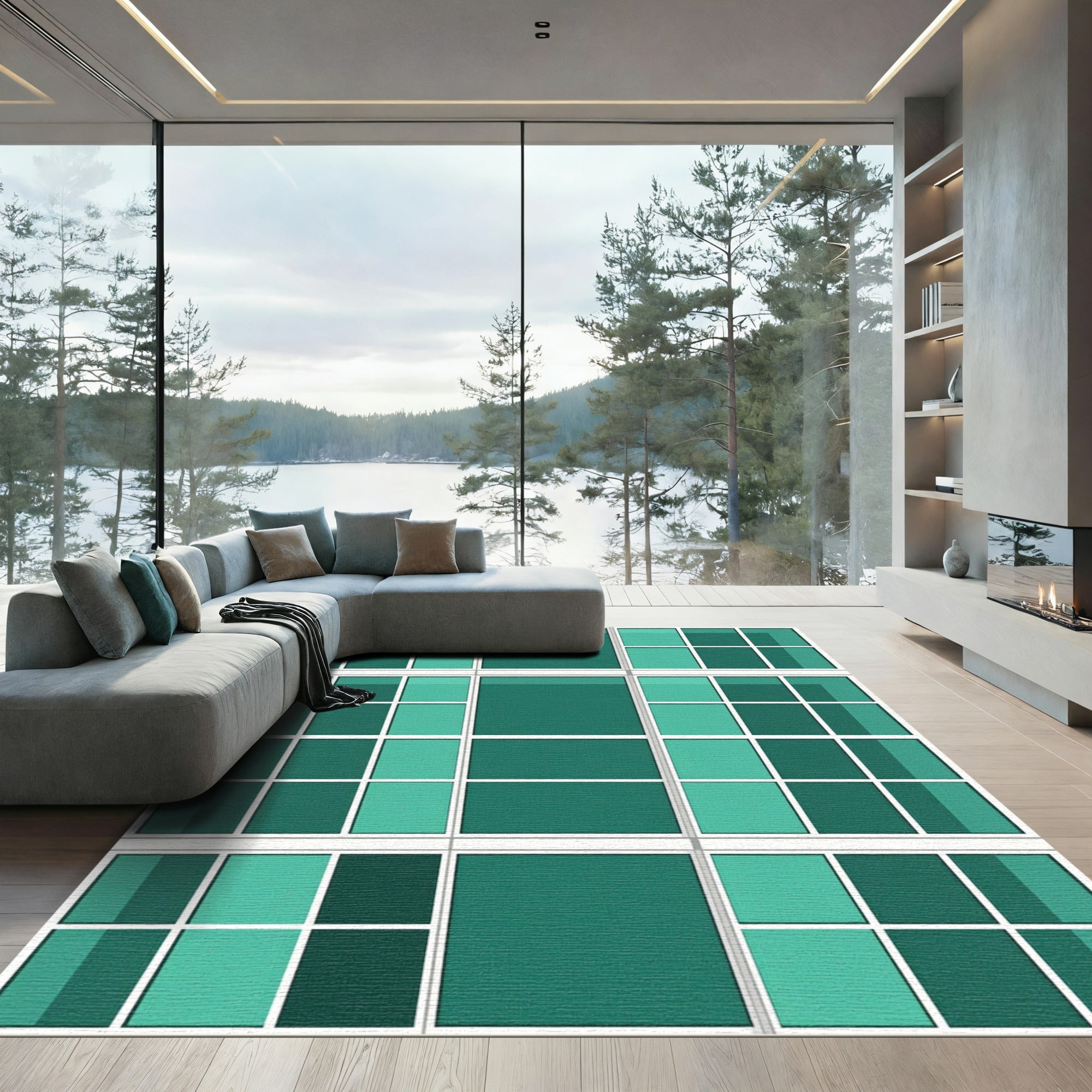 Emerald Teal Geometric Grid Block Rug