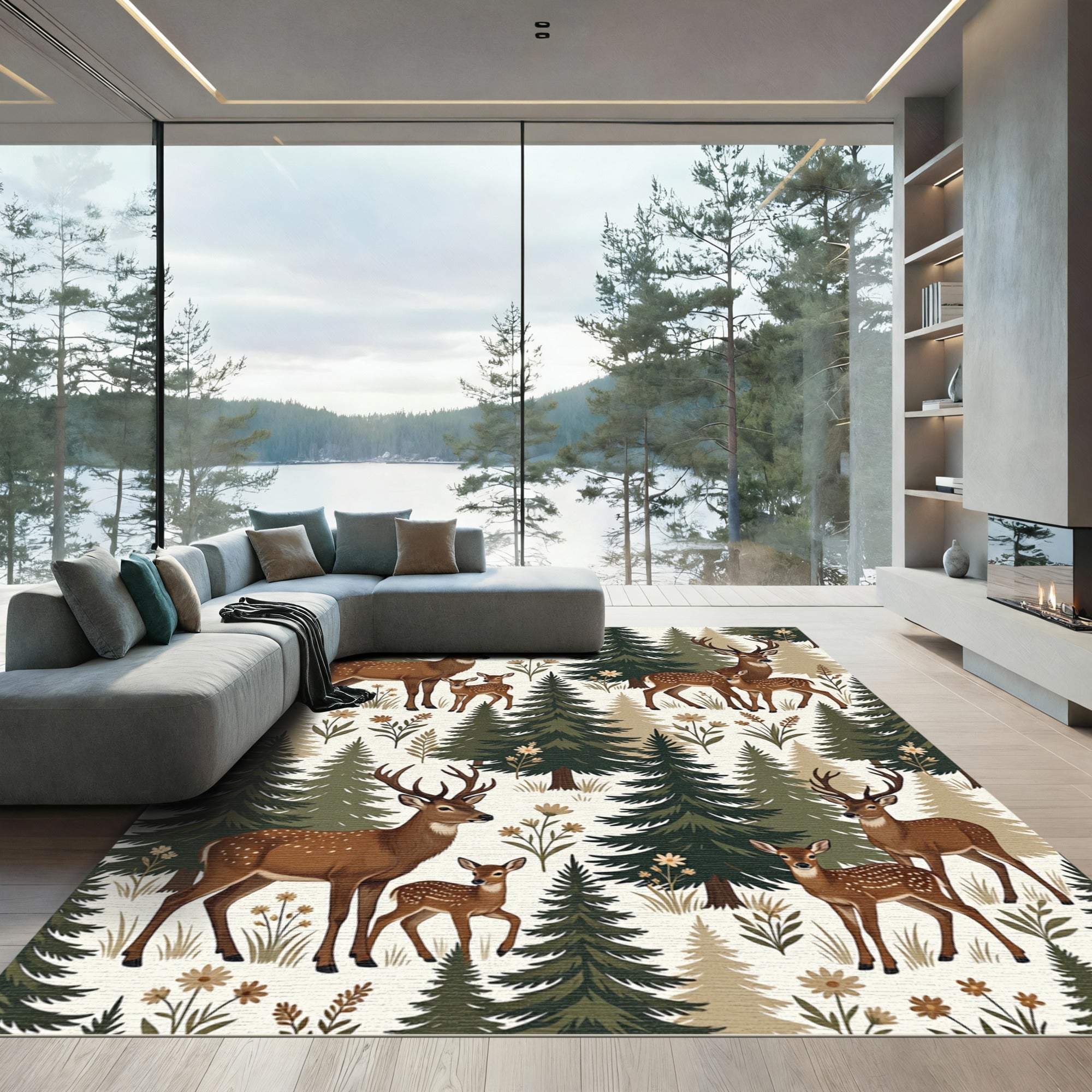 Woodland Deer and Evergreen Forest Illustration Rug