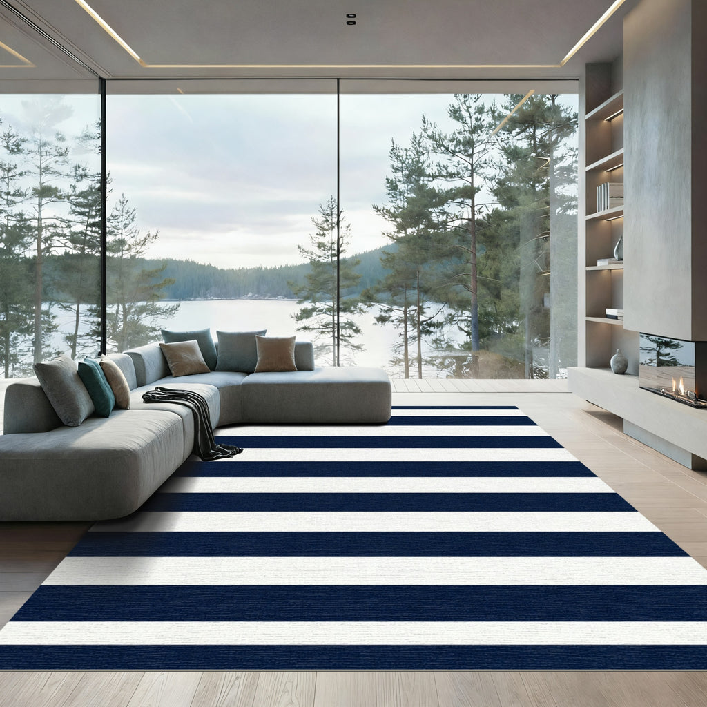 Deep Blue White Parallel Lines Rug