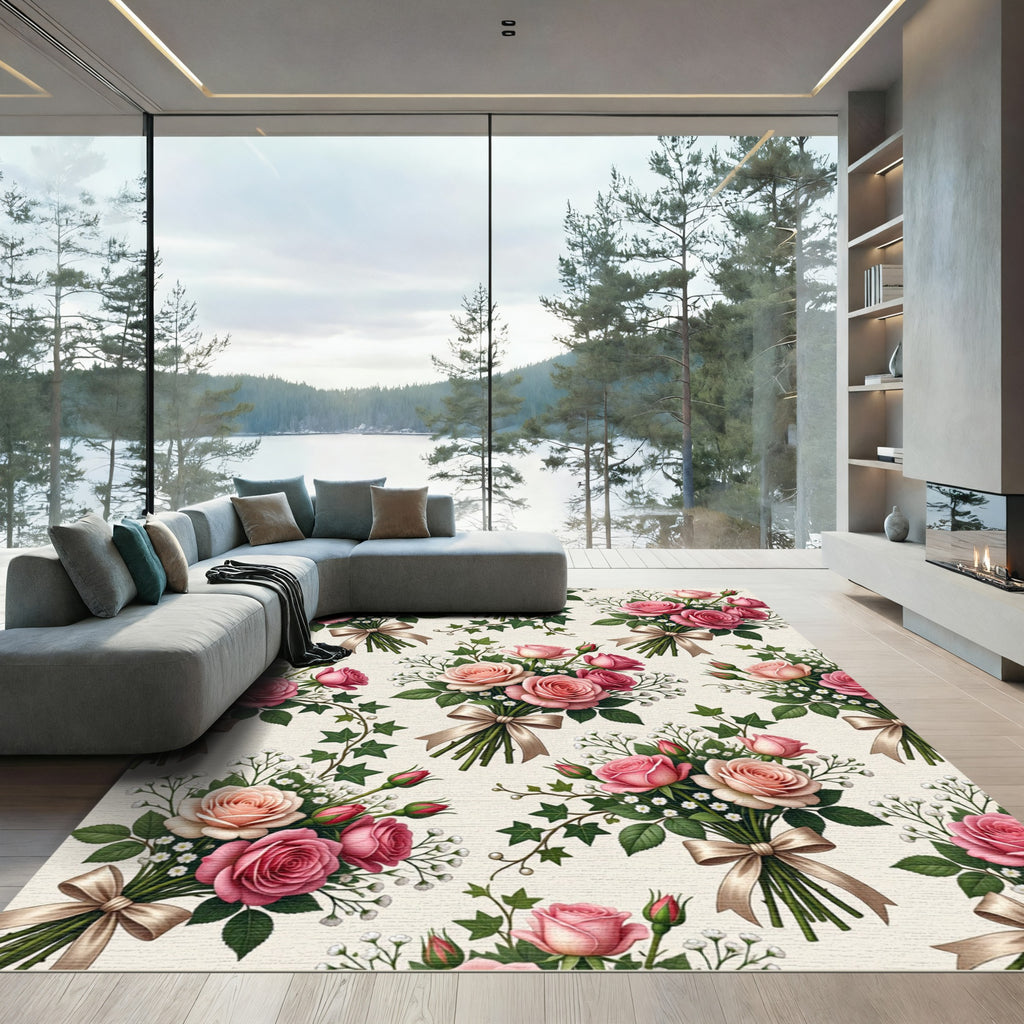 Romantic Pink Rose Garden Bouquet Rug