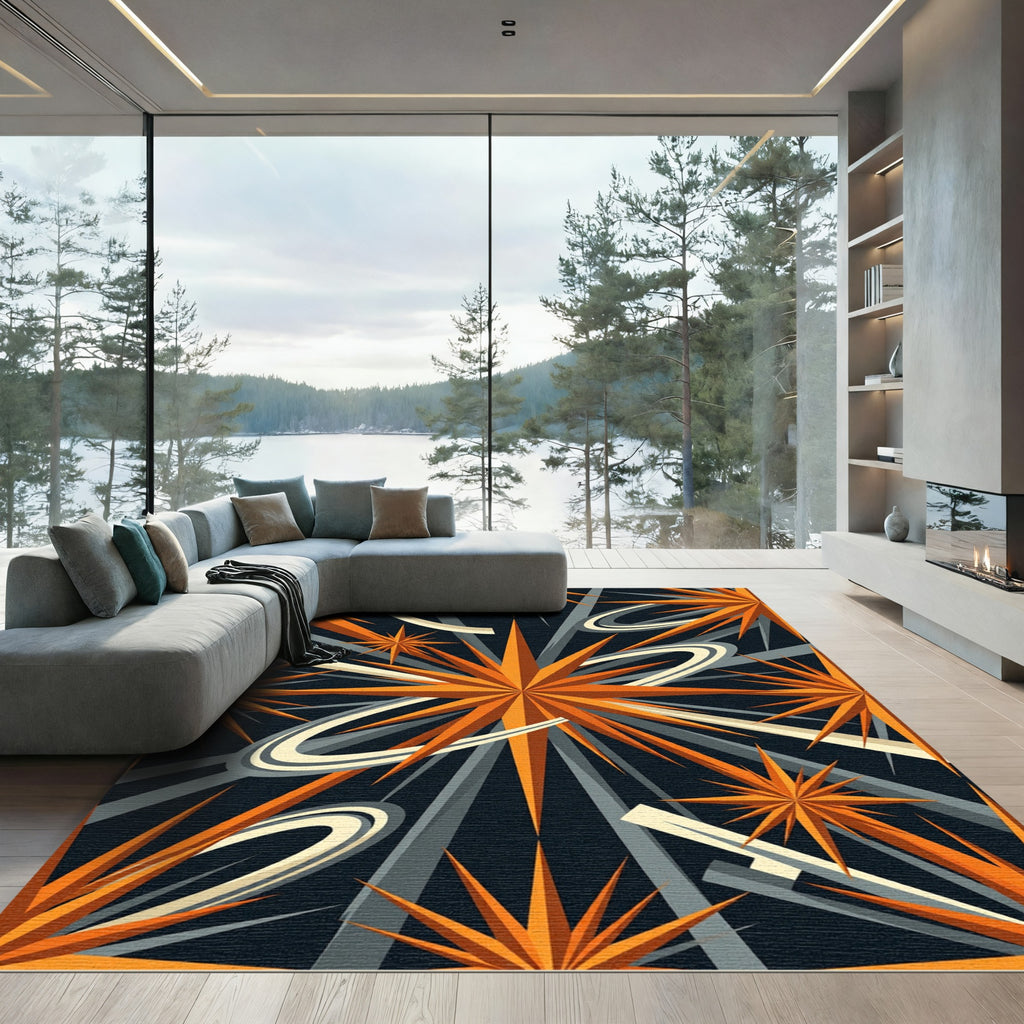 Celestial Mid-Century Orange Starburst Space Rug