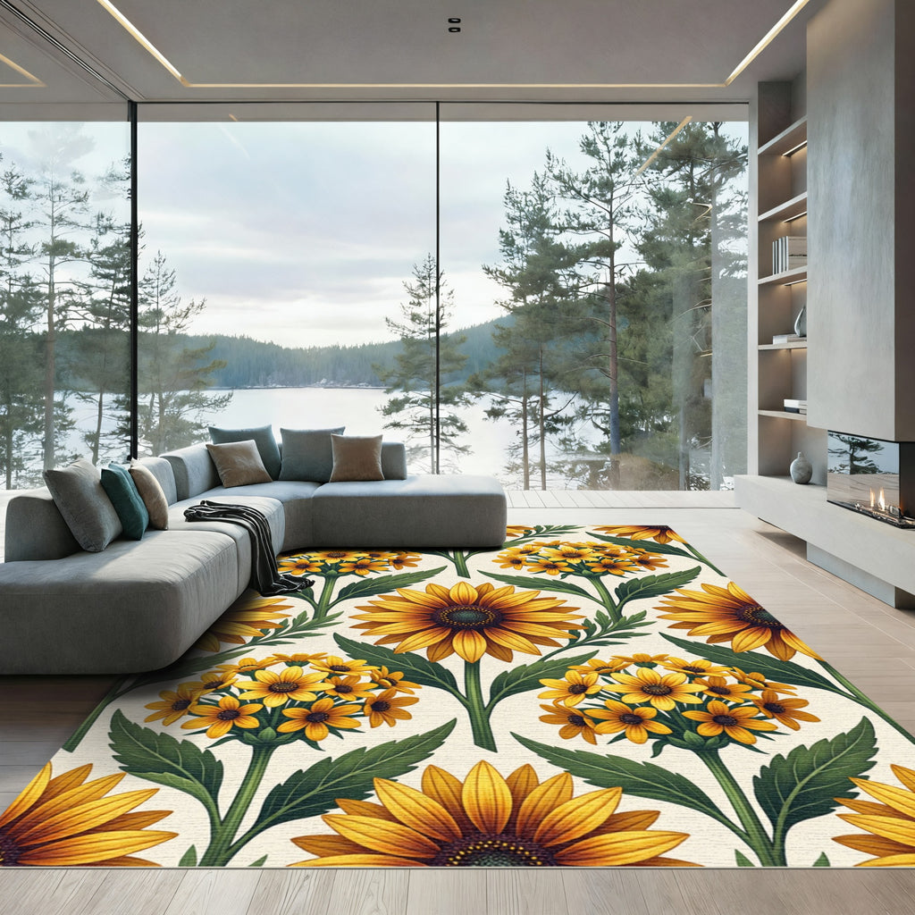 Golden Sunflower Botanical Garden Illustration Rug