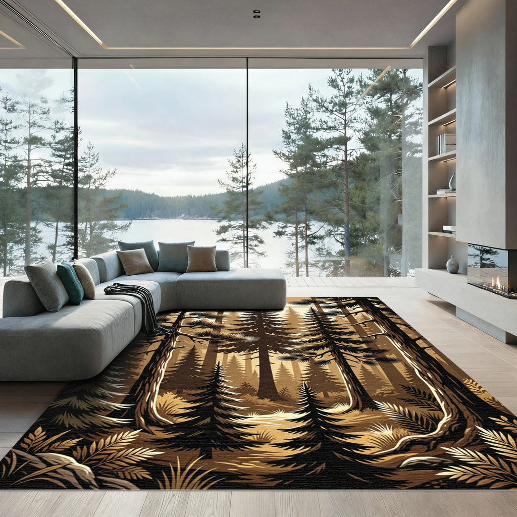 Sepia Woodland Forest Pine Silhouettes Rug