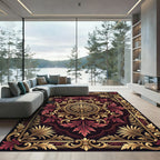 Ornate Burgundy Gold Scrollwork Rug