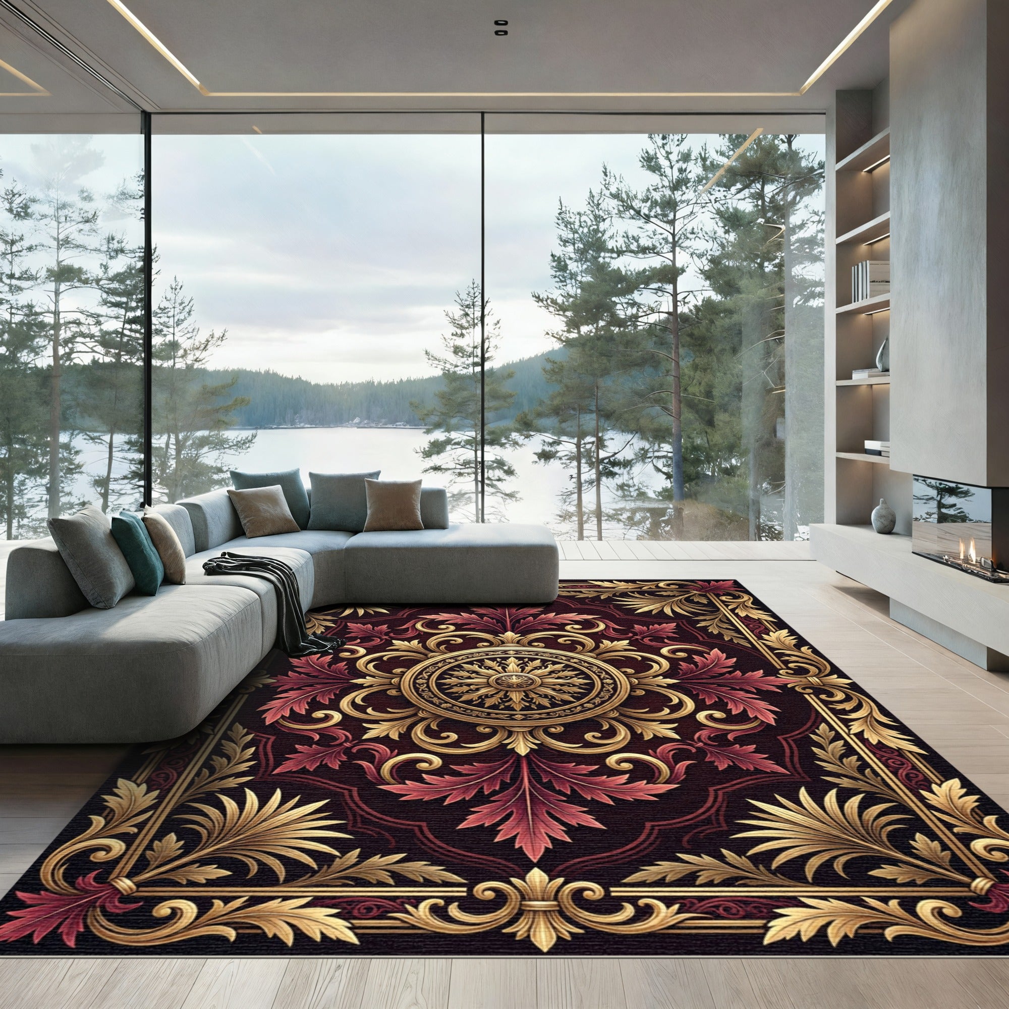 Ornate Burgundy Gold Scrollwork Rug