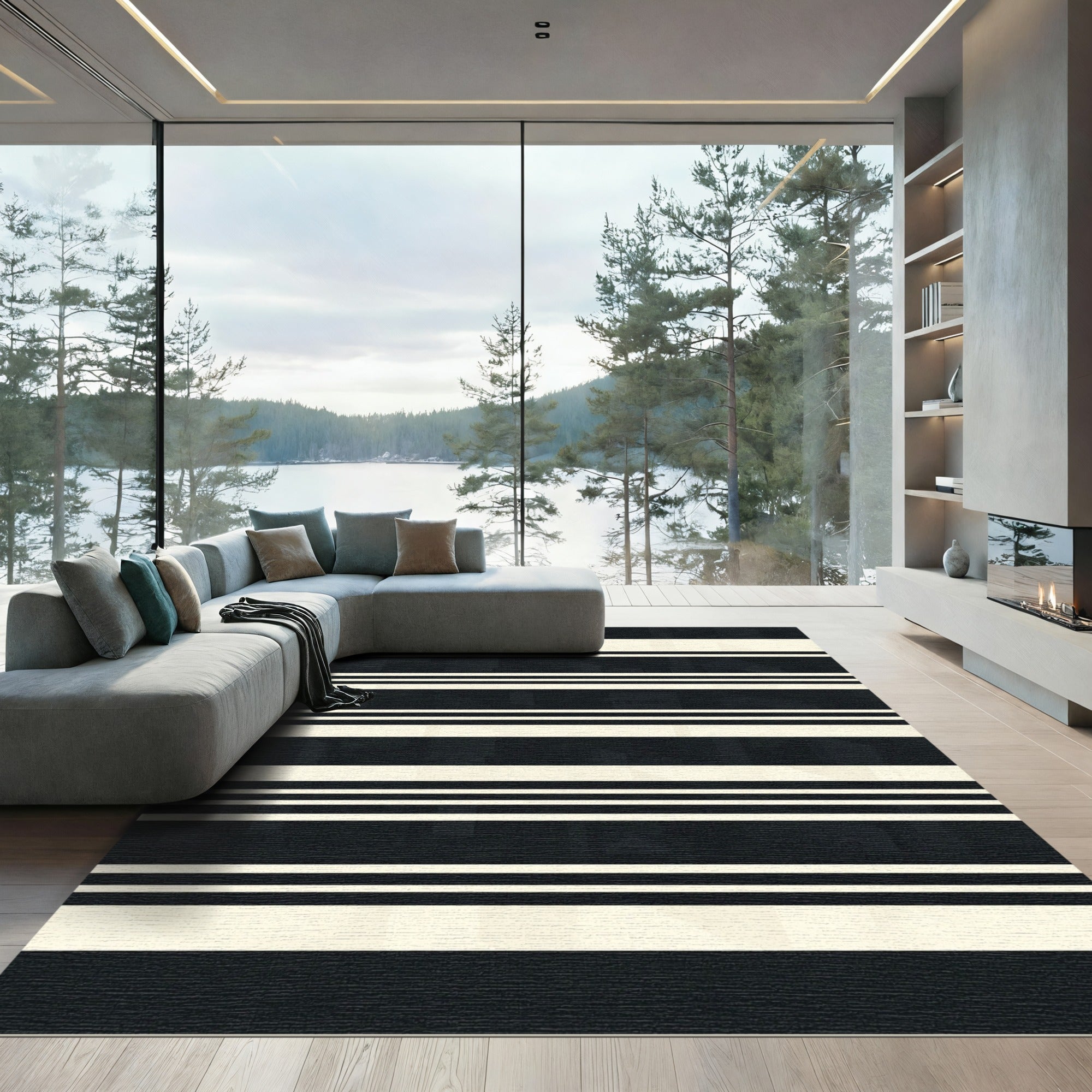 Modern Black Ivory Abstract Stripe Rug