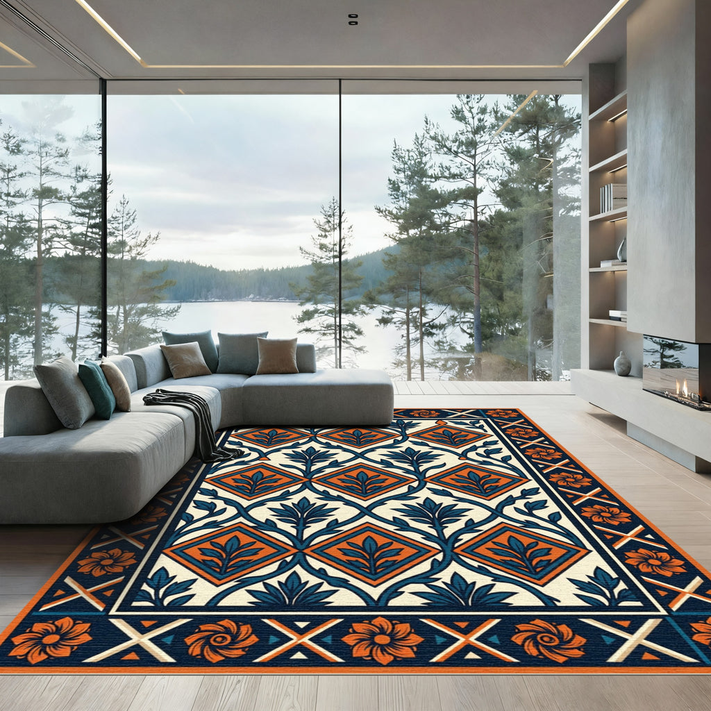 Orange Floral Navy Geometric Diamond Tile Rug