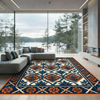 Orange Floral Navy Geometric Diamond Tile Rug