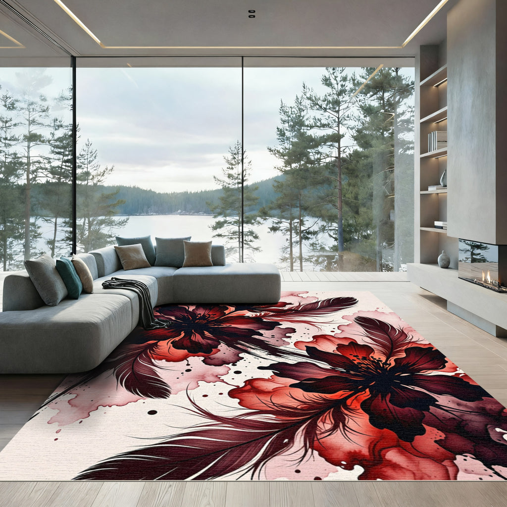 Deep Red Watercolor Floral Feather Compositions Rug