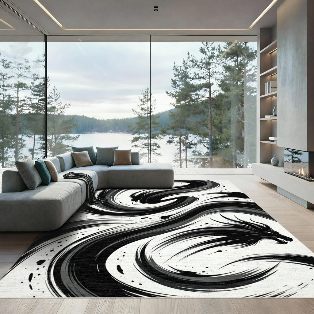 Dynamic Black Brushstroke Dragon Swirl Rug