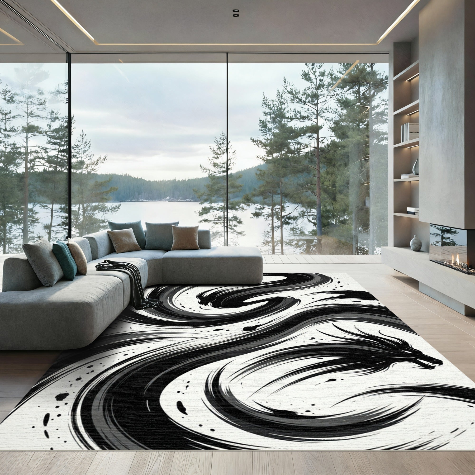 Dynamic Black Brushstroke Dragon Swirl Rug