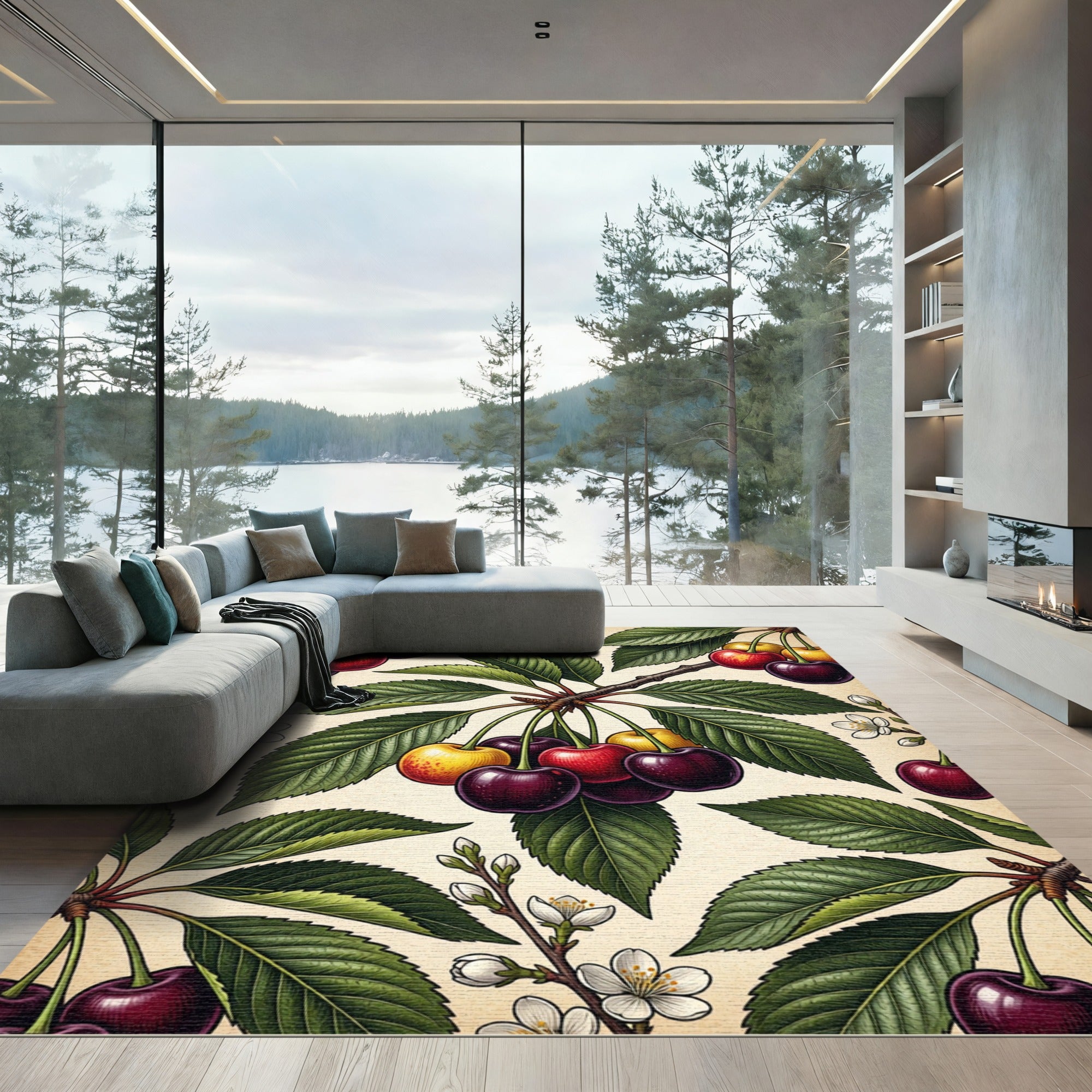 Vintage Botanical Cherry Orchard Illustration Rug