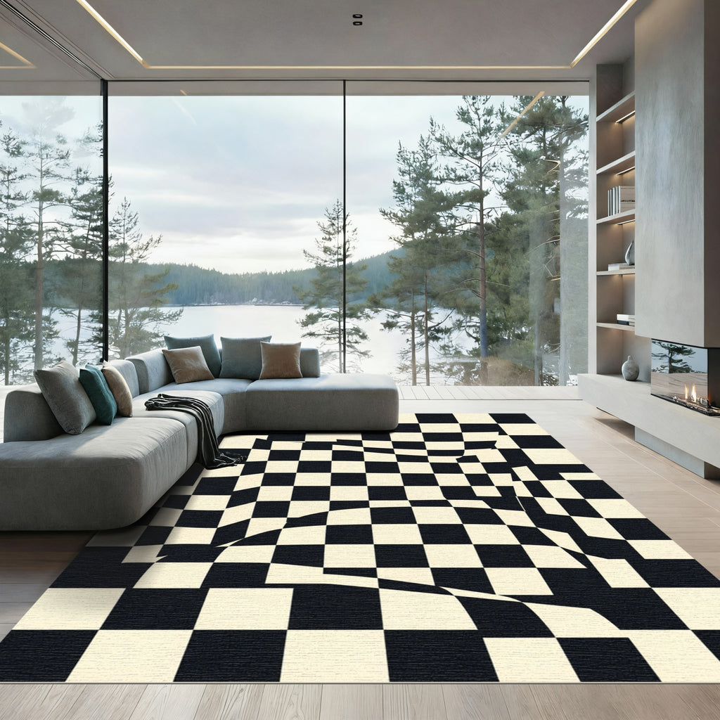 Distorted Checkerboard Black Cream Squares Rug
