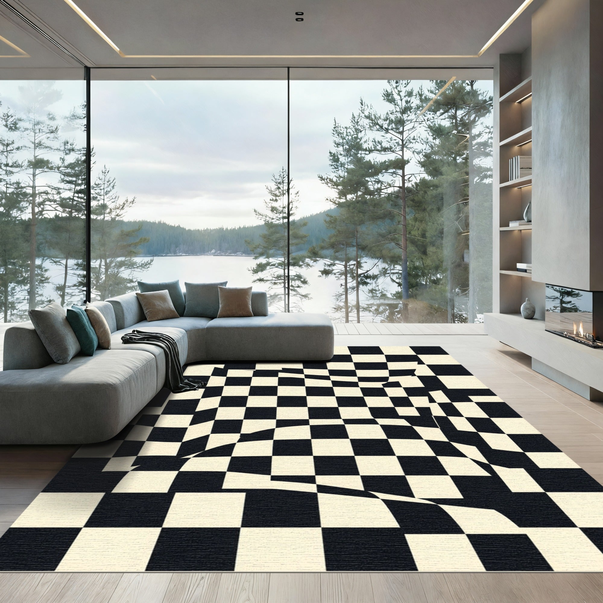 Distorted Checkerboard Black Cream Squares Rug