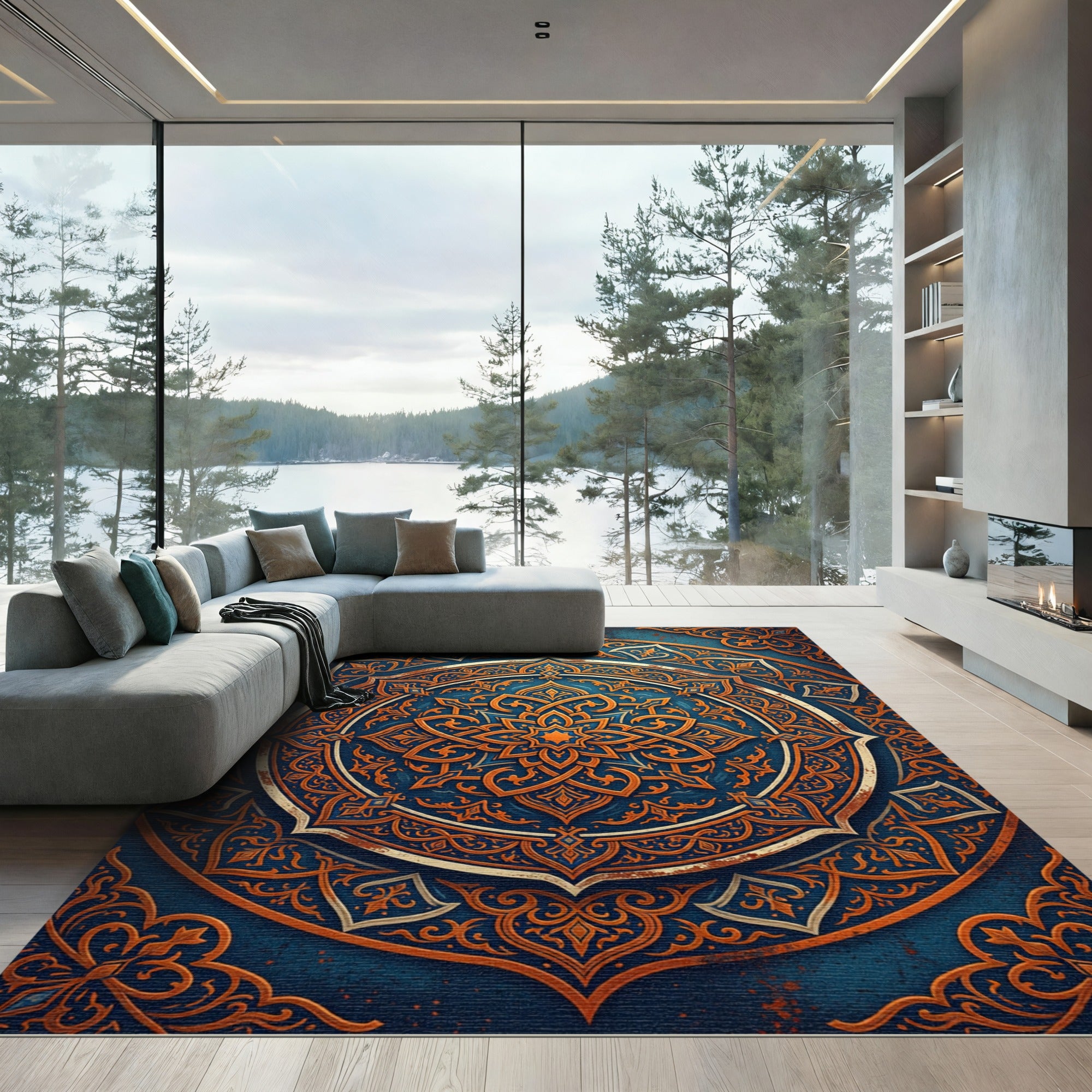 Ornate Blue Orange Mandala Geometric Rug