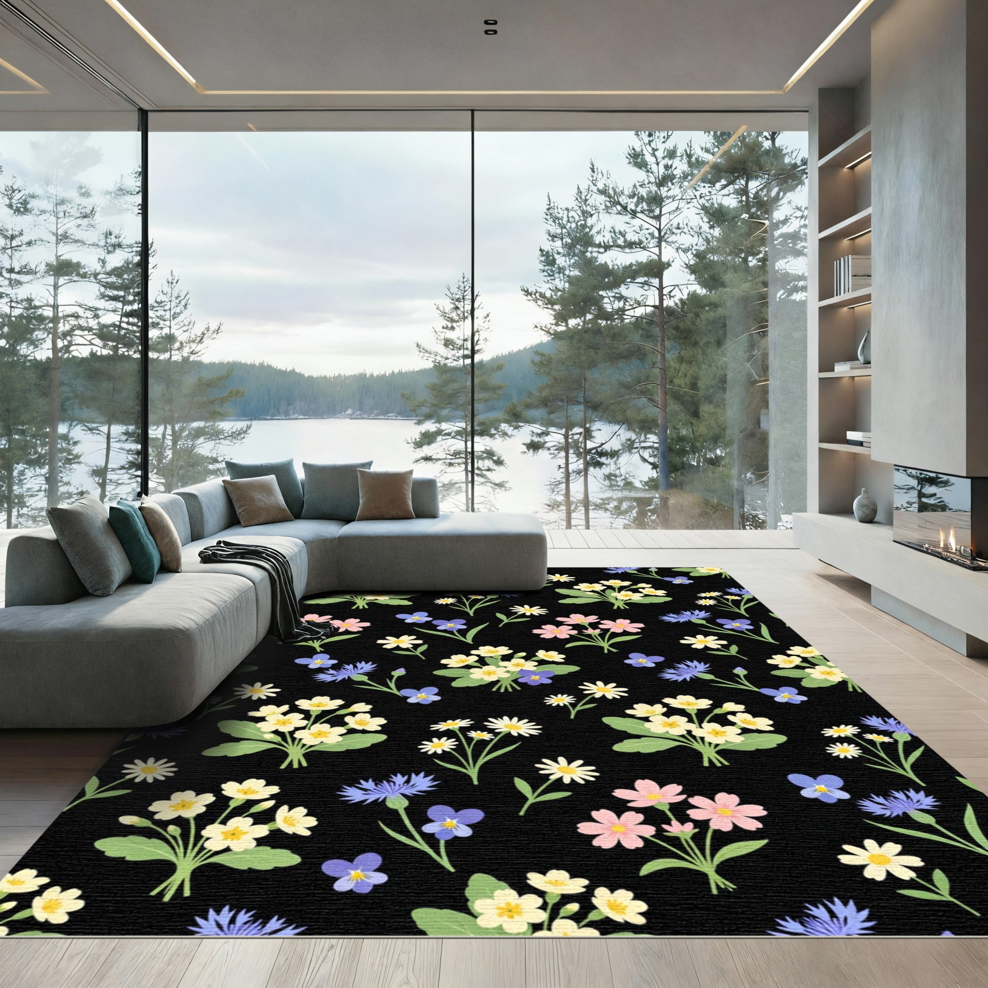 Whimsical Pink Yellow Blue Floral Bouquet Rug