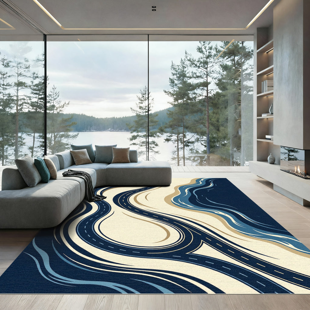 Abstract Navy Blue Winding Road Curve Rug